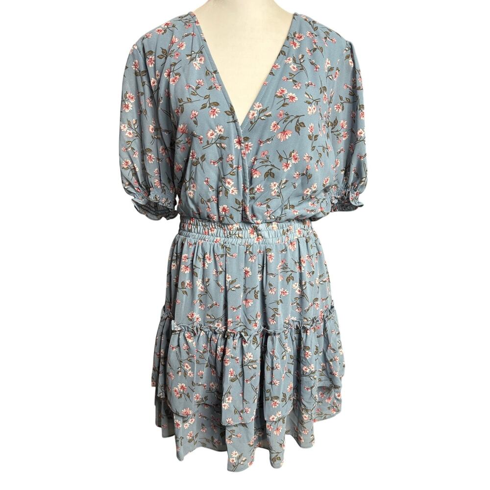 WAYF Dusty Blue Tiered Smocked Waist Mini Dress Size XL NWT